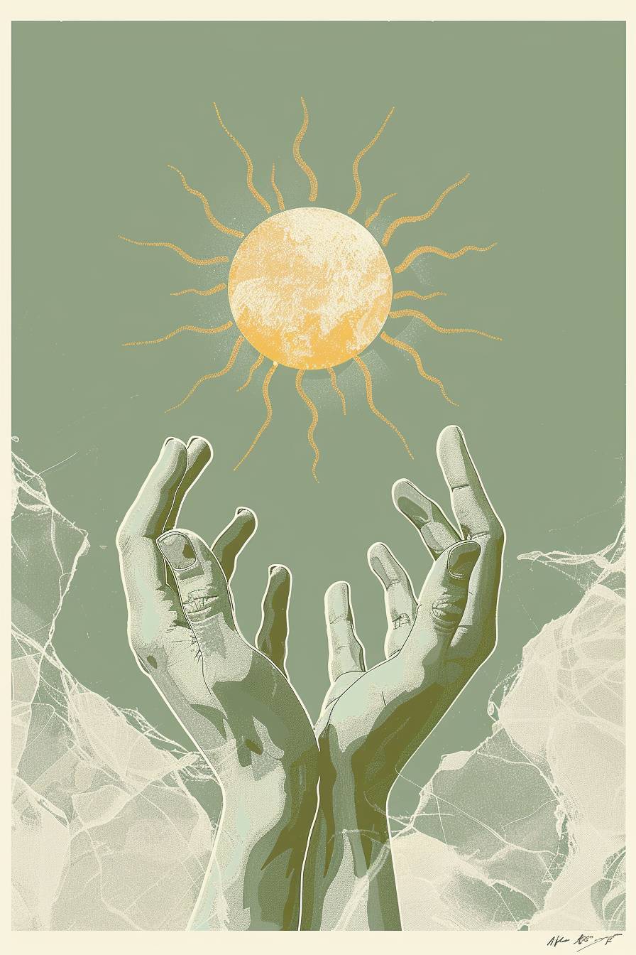 An artistic poster depicting hands reaching towards the sun, with a focus on clean lines and a minimalist design, using soft pastel tones, no bold colors, no abstract shapes. Aspect ratio 2:3, style 500, version 6.0