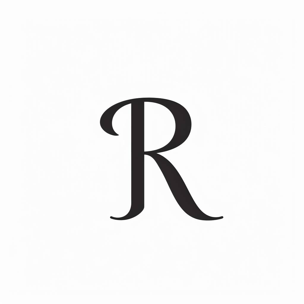 文字Rで構成されたシンプルな会社のロゴ、白い背景に黒い文字