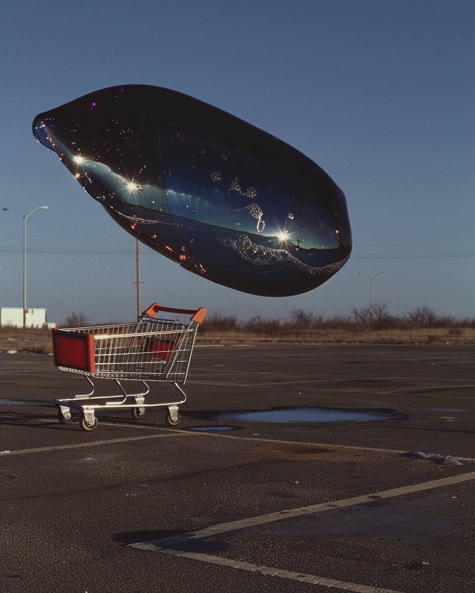 A large iridescent and heterogeneous soap bubble floating through a parking lot above an abandoned red shopping cart, sparkling and glistening in the sun. The bubble is reflecting the world around it as it glistens.