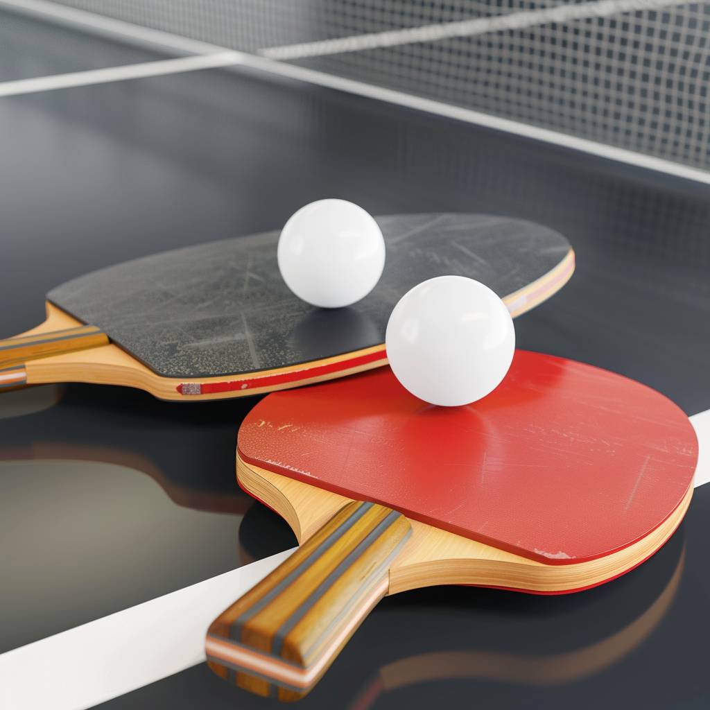 A pair of table tennis paddles and a ping pong ball are on the table tennis table, with no background