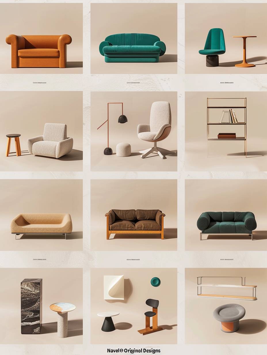 A collection of minimalistic and modern furniture brand logo designs with the text 'ENygNavel Original Designs' displayed in multiple poses, featuring various colors and materials including leather, wood, marble, metal, fabric, teal green, black, brown, white, cream beige, grey and blue tones. The designs include a sofa, coffee table, side tables, dining chairs, armchairs, accent lighting, and accent elements such as glass or ceramic surfaces. Each element is isolated against a neutral background in the style of modern designers.