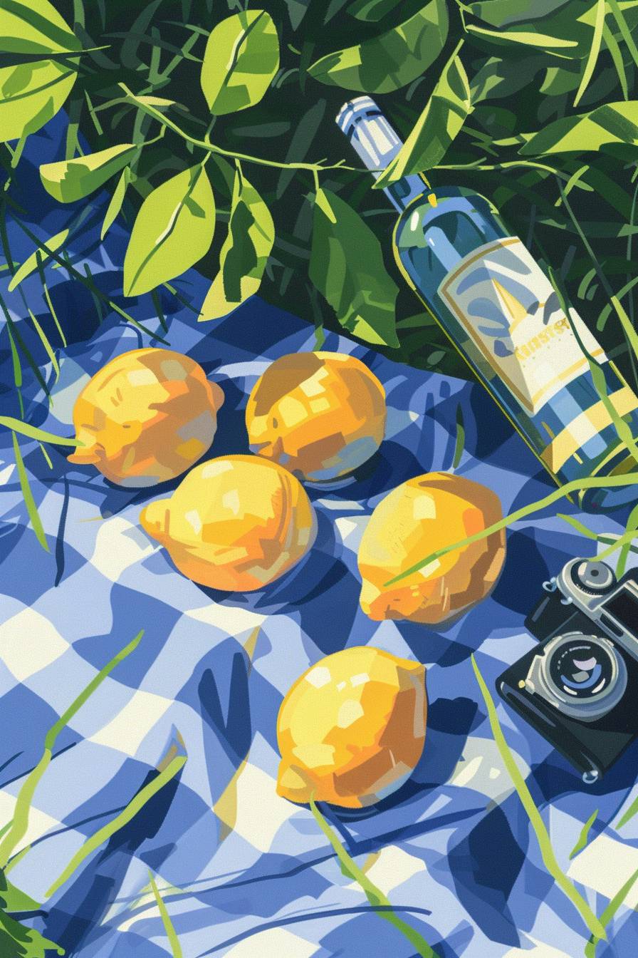 Illustration in a flat vector style without details and simple shapes of a blue and white picnic tablecloth with a gingham pattern, laid on grass. On the tablecloth are 5 lemons, 1 bottle of white wine and a camera, close up, sunny weather, super sunshine