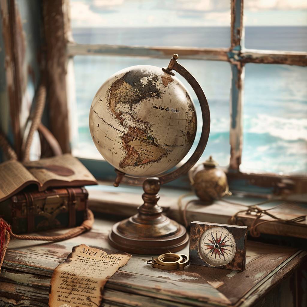 画像には風格のあるビンテージスタイルの世界地図があり、古びた木製スタンドに乗せられ、洋風のタッチのある部屋の中に置かれています。大きな開けた窓の前に配置されており、そこからは素晴らしい海の景色が広がっています。世界地図の周りには、損傷がある革製の装丁された日記帳、真鍮製のコンパス、色あせた救命輪など、数点の航海関連のオブジェが散らばっています。羊皮紙の上には手書きの小さな地図があり、角には赤いXが記されています。笛の音を奏でながら、「真夜中に旧灯台で会おう」と書かれたメモが添えられています。全体のセッティングは、旅行者が座って次の大冒険を計画することができる、居心地の良く冒険的な空間を演出しています。