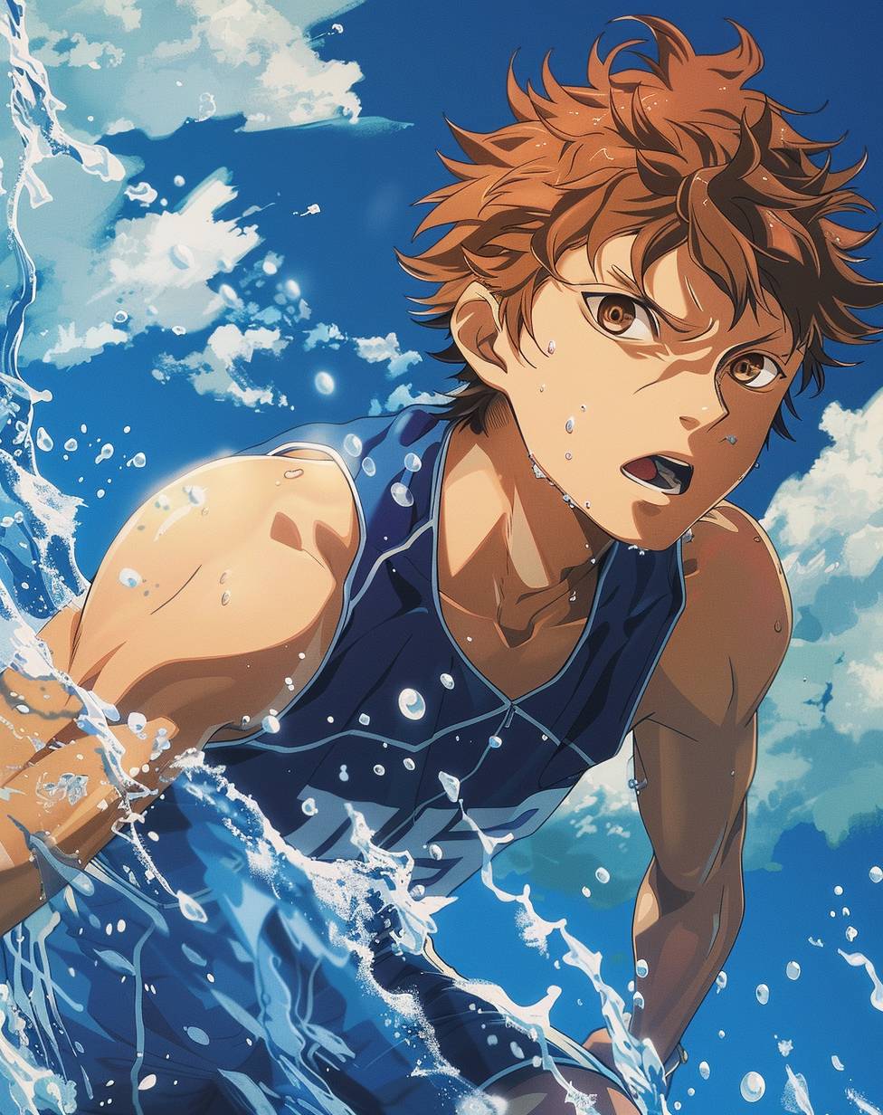 In the style of Makoto Shinkai, a young man with light brown hair and light skin is depicted on an anime movie poster. He is wearing blue sleeveless jersey shorts by the pool, ready to jump into the water. With a muscular upper body, white clouds in the sky, and a blue background, he has brown eyes, brown eyelashes, and a handsome appearance with light brown short spiky hair. He is dressed in sportswear, featuring vibrant colors, simple details, simple lines, and a close-up of his face.