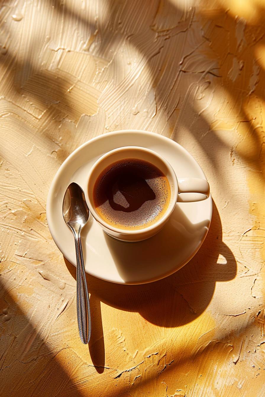 Espresso cup with spoon in saucer, Wes Anderson style, hyper-realistic photo, camera flash, minimal, kitsch, bird's eye view, overhead perspective photo, eye level, 4k