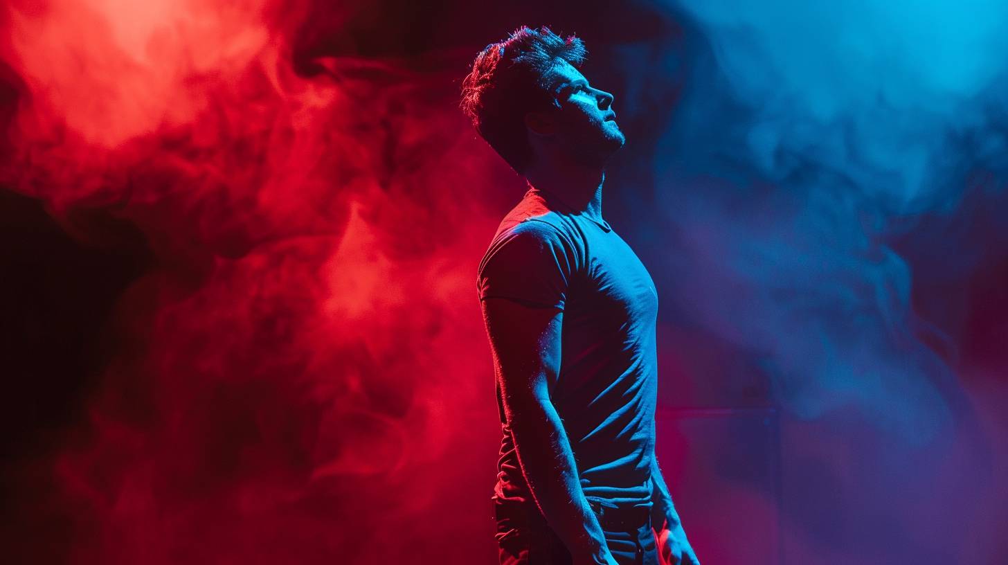 Art photo of an actor on stage, red and blue color gel lighting