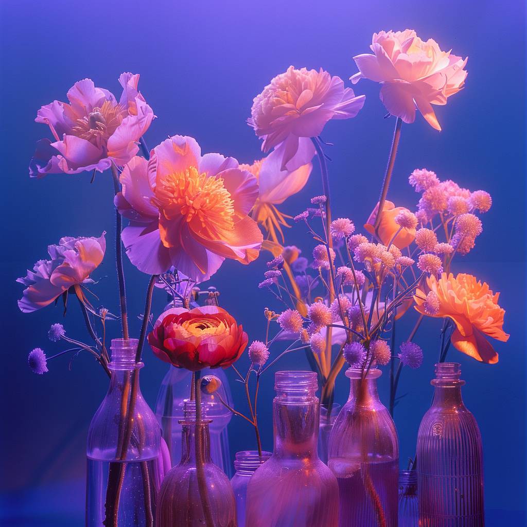 Conceptual still life photography, detailed, vivid pink and orange flowers in bottles, purple plain background, presented in a grainy filter style with sharp contrast reminiscent of the 80s