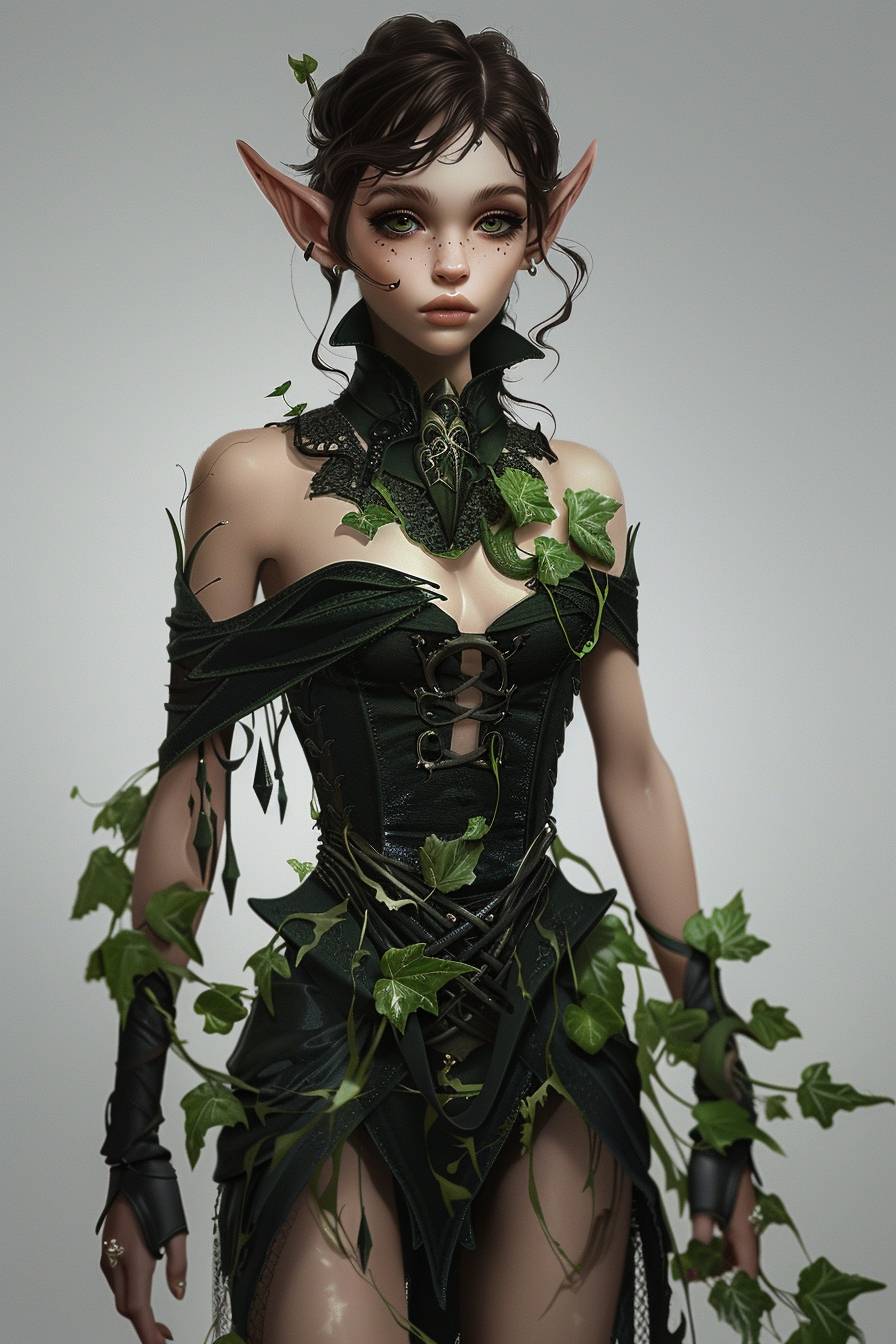 Character, full body, humanoid, young female, elven ears, primordial god, short brown hair, tanned skin, nature godlike clothing, nature and life theme, realistic quality, blank background