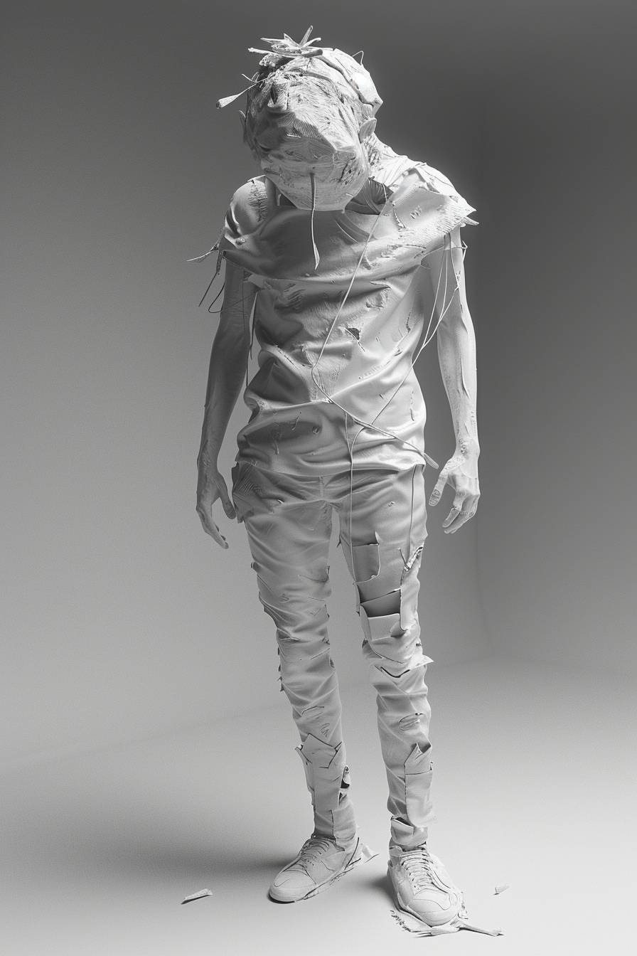 Character concept design in the style of Daniel Arsham, half body