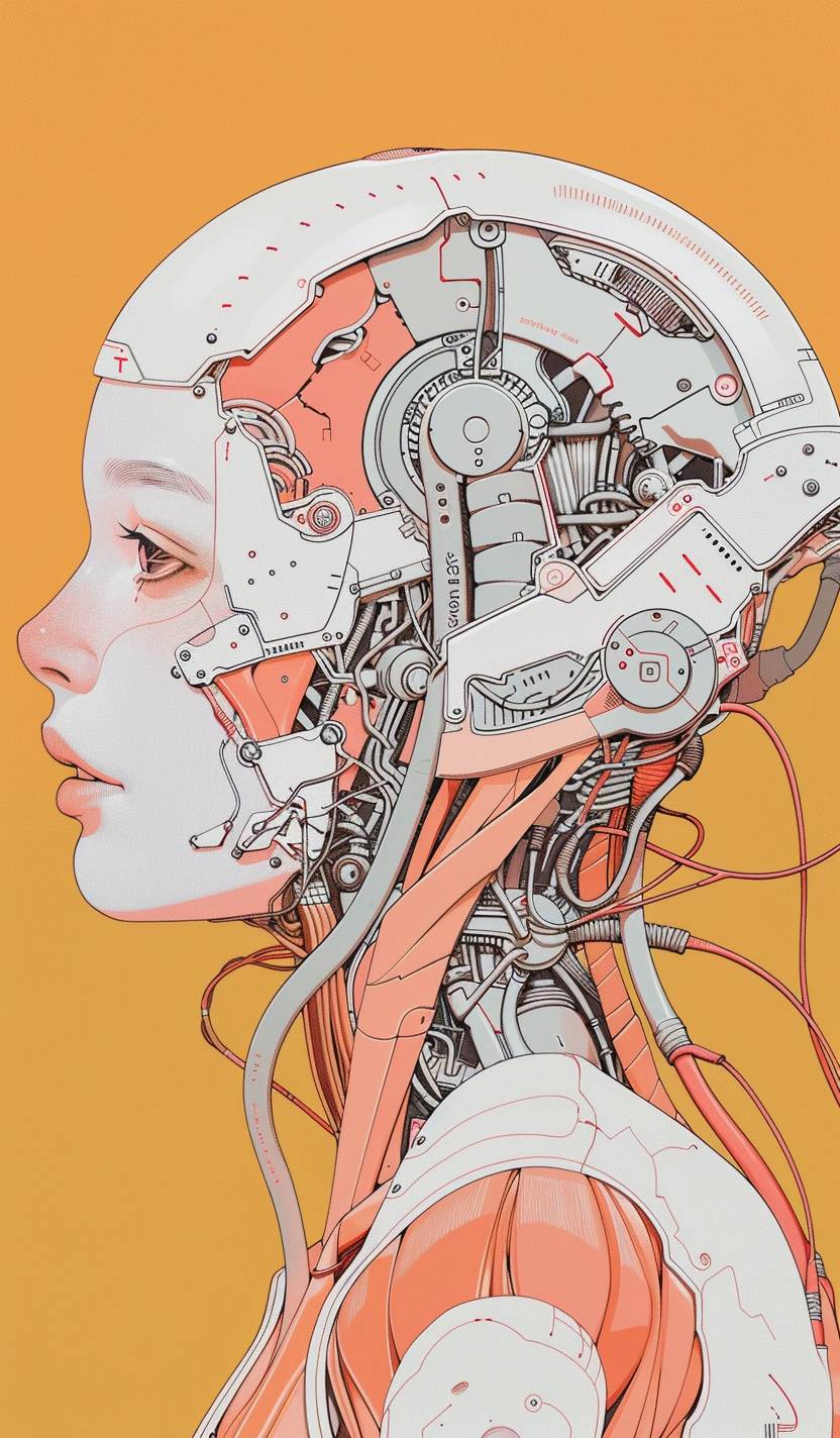 A female cyborg drawn by Katsuhiro Otomo with muscles and mechainal parts mixed, solid pale pastel orange background, inspired by Moebius, portrait, redish peach and white, tubes and wires coming from the back of her head, anatomical visible circuitry, sci-fi, hyper surreal, unique and refreshing design, elegant, biological machine, high contrast between colors, the side of her head is open, clean white metal faceplate, inspired by Giger, hyper detailed, cyberpunk