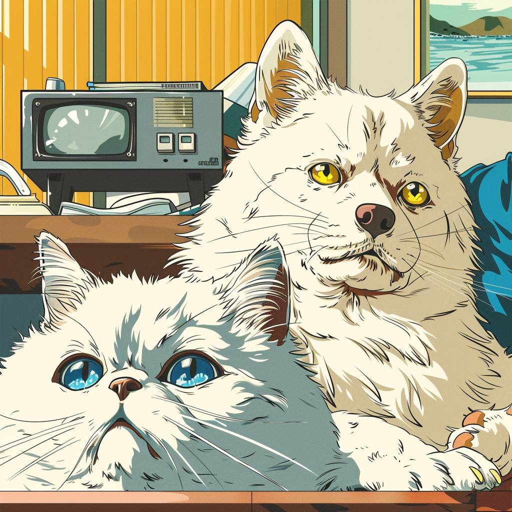 A all white Shiba Inu and a Persian cat with yellow eyes and a Persian cat with one yellow eye and one blue eye and a white Pomeranian are celebrating in office, with a ligne claire style, close-up, line work, concise and vibrant, dull color, impressive, graphic, cartoon illustration, detailed.