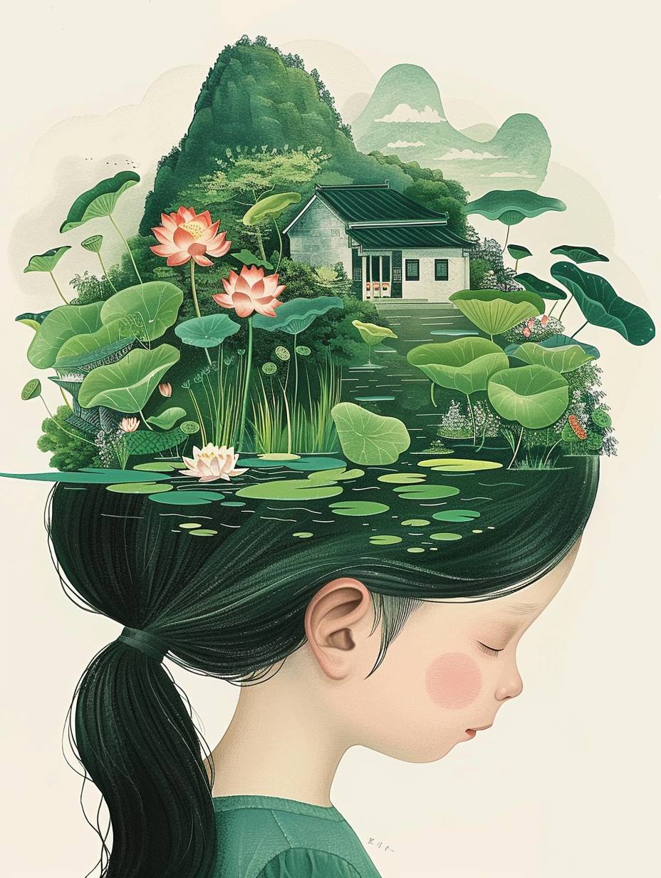 The little girl's head is adorned with a fantastic illustration of a green house, lotus flowers, pond, green plants and hills, evoking the charm of a charming rural landscape. The background blends with her hair to exude a sense of tranquility, creating a harmonious composition that captures the beauty of nature. The illustration symbolizes harmony between humans and the environment, with the focus on the face.