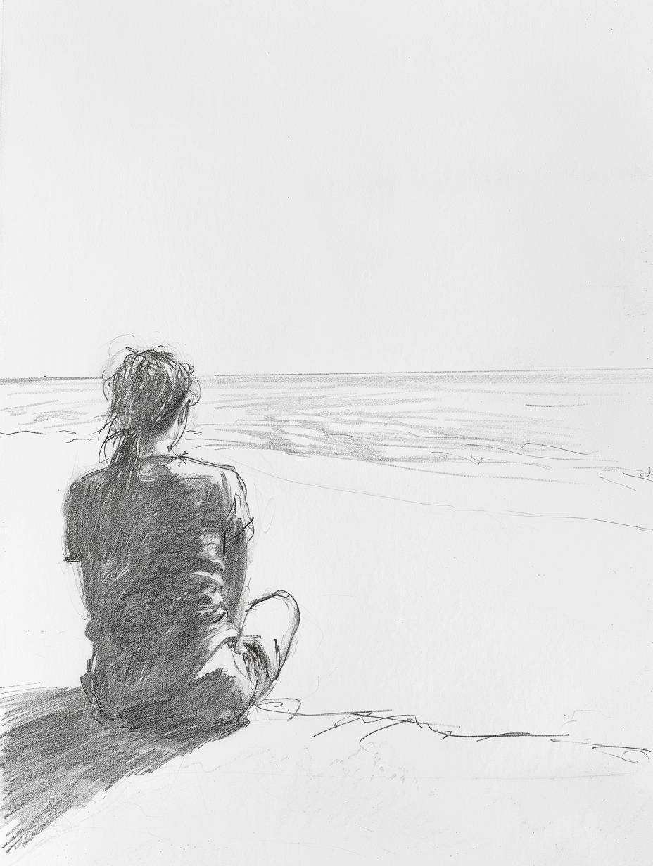 静かなビーチのシーンを描いた素早いアマチュア鉛筆スケッチ。砂浜に座る女性が、静かな海を見つめています。スケッチは荒く、素早いラインと最小限のディテールで、シンプルかつ迅速にその穏やかな瞬間を捉えています。背景は白く空白です。