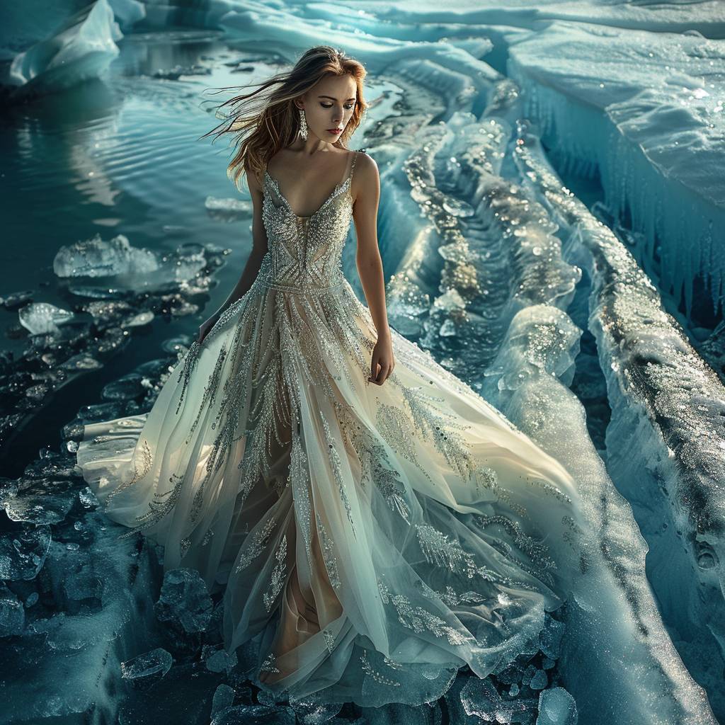 A stunning and ethereal portrait of a female model wearing a mesmerizing gown crafted from shimmering ice crystals. She stands boldly on the edge of a melting glacier, her pose dramatic and awe-inspiring. The ice beneath her feet cracks and crumbles, revealing a vast pool of icy blue water. Her eyes brim with a mix of fear and wonder, reflecting the fragility of her surroundings. The soft, divine lighting casts an otherworldly glow, accentuating the transient beauty of the scene.