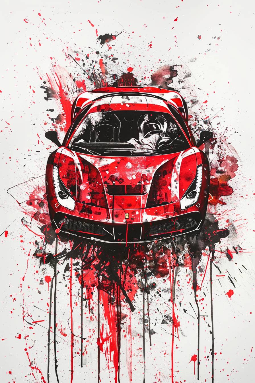 赤と黒のペイントで描かれたスポーツカーのスプラッターペイント、白の背景、中央に配置、滴り落ちる効果を生かしたアート。フラットで2D、細かい筆触、芸術的で表現豊か。
