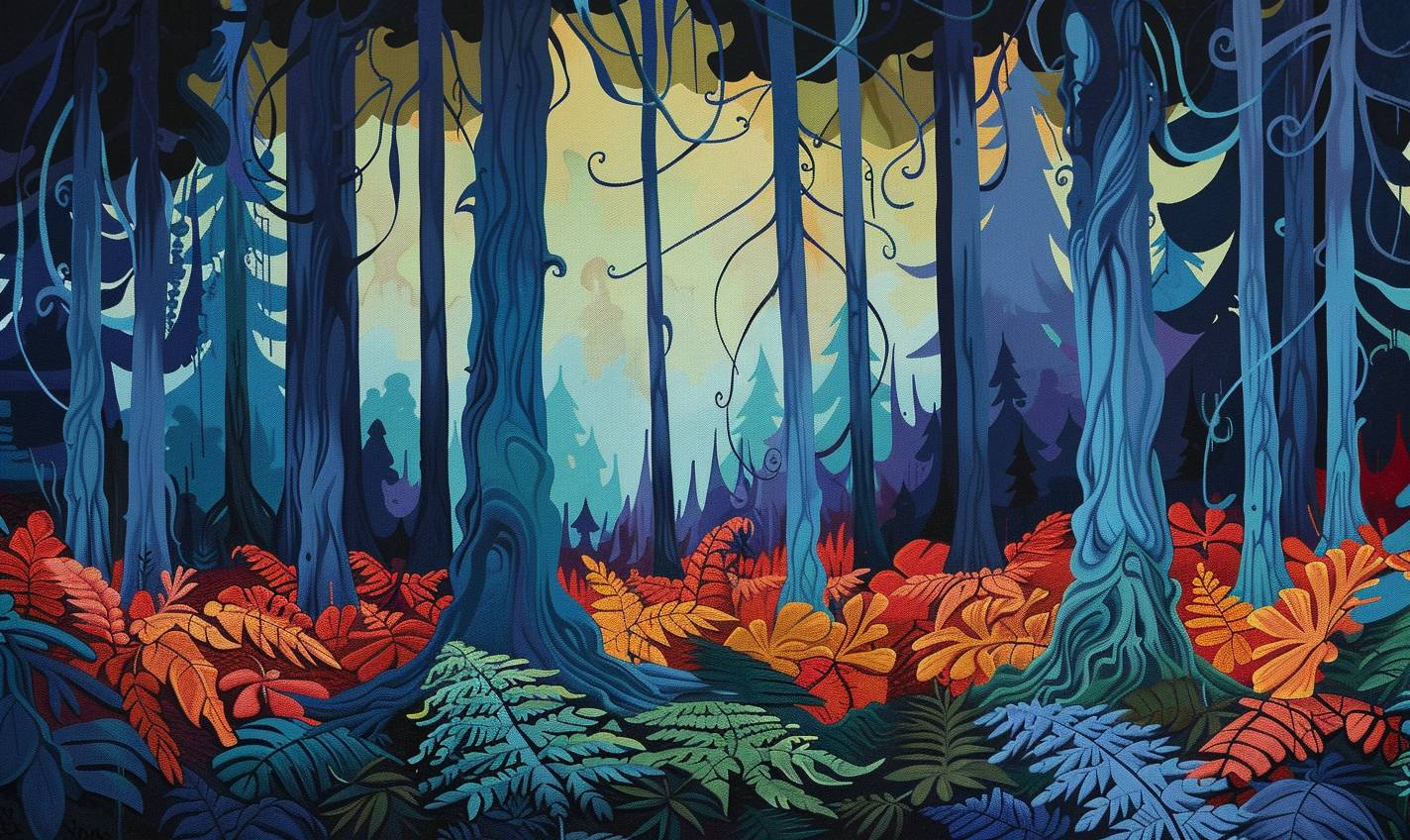 로렌 해리스 스타일의, 마법의 생물로 가득 찬 고대 숲