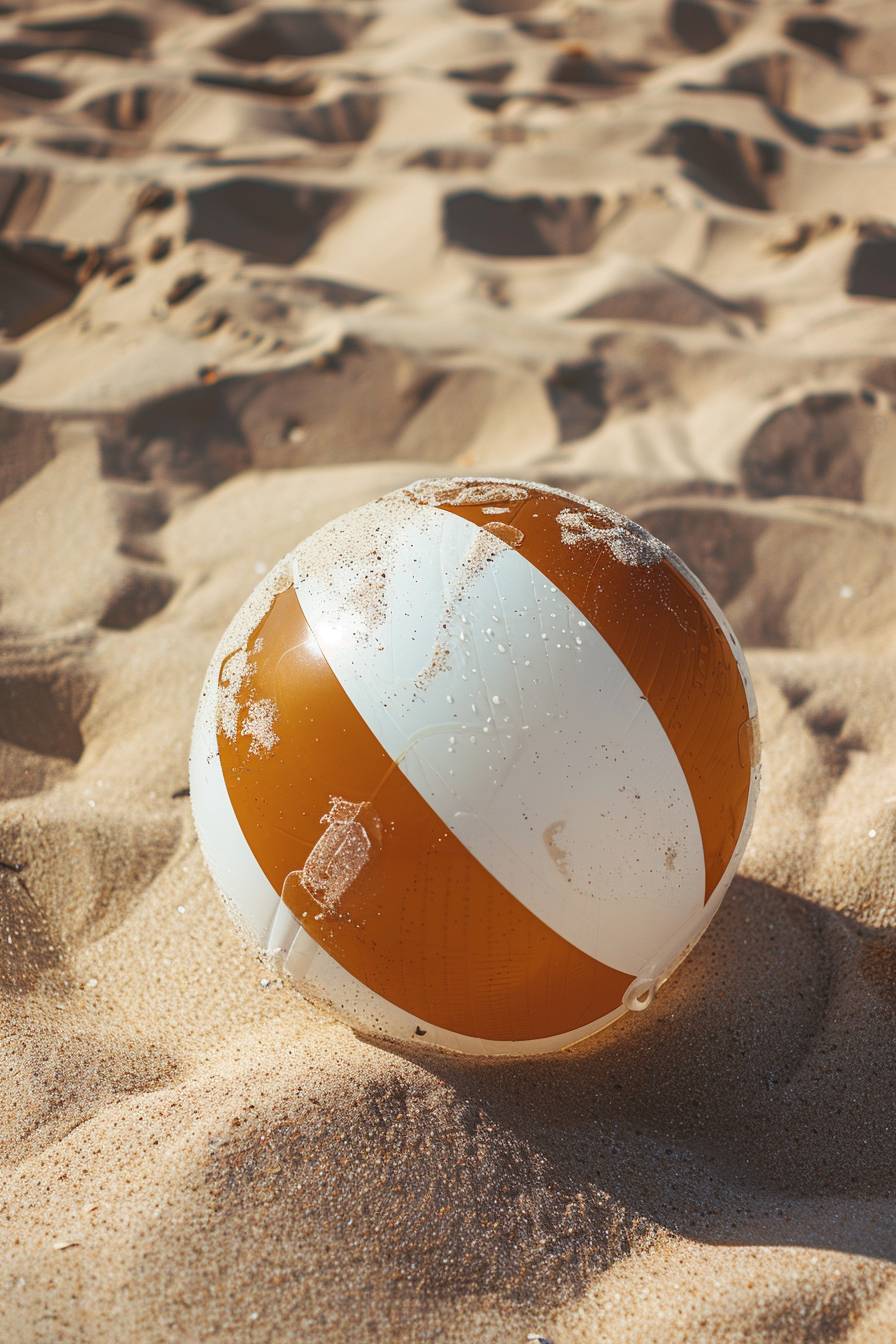 close up of a Light Brown and white inflatable beach ball on the sand, beautiful vacation background Massive scale