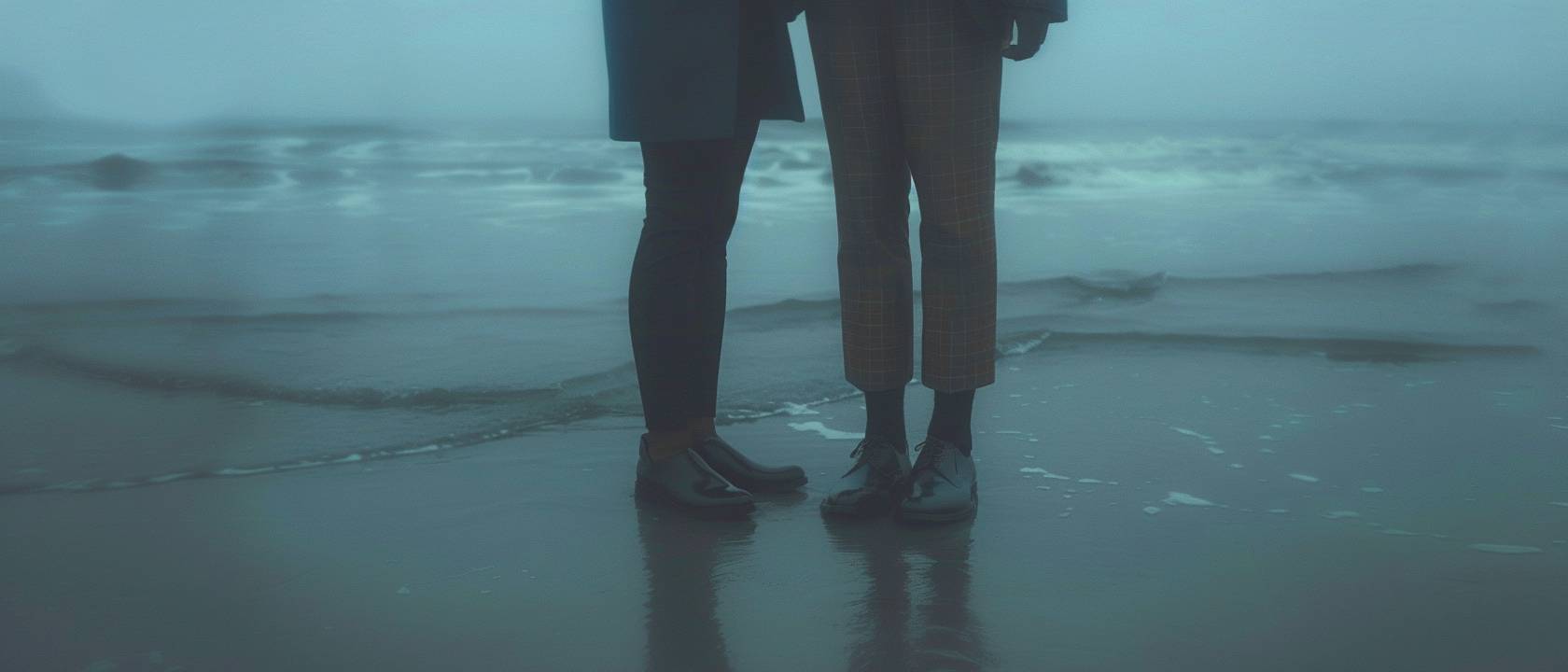 Low-angle shot of two pairs of black leather Oxford shoes worn by Black men, facing each other on the ocean shore, framed by endless horizons. The men are wearing black trousers and neutral brown gridded trousers. The style is raw. Style reference: 1307307896. Stylize: 250. Version: 6.0. Aspect ratio: 7:3.