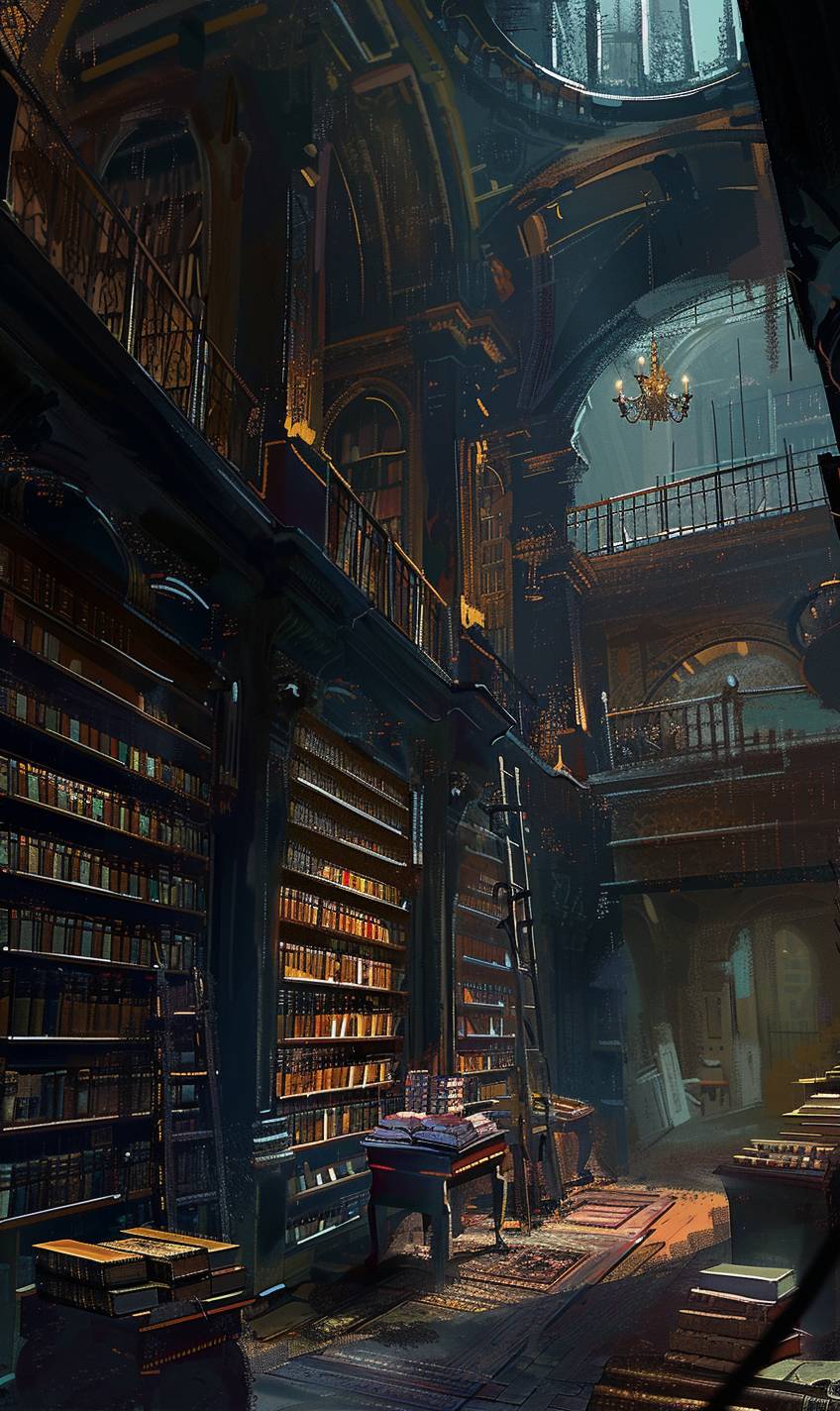 In the style of Sparth, Magical library filled with ancient books