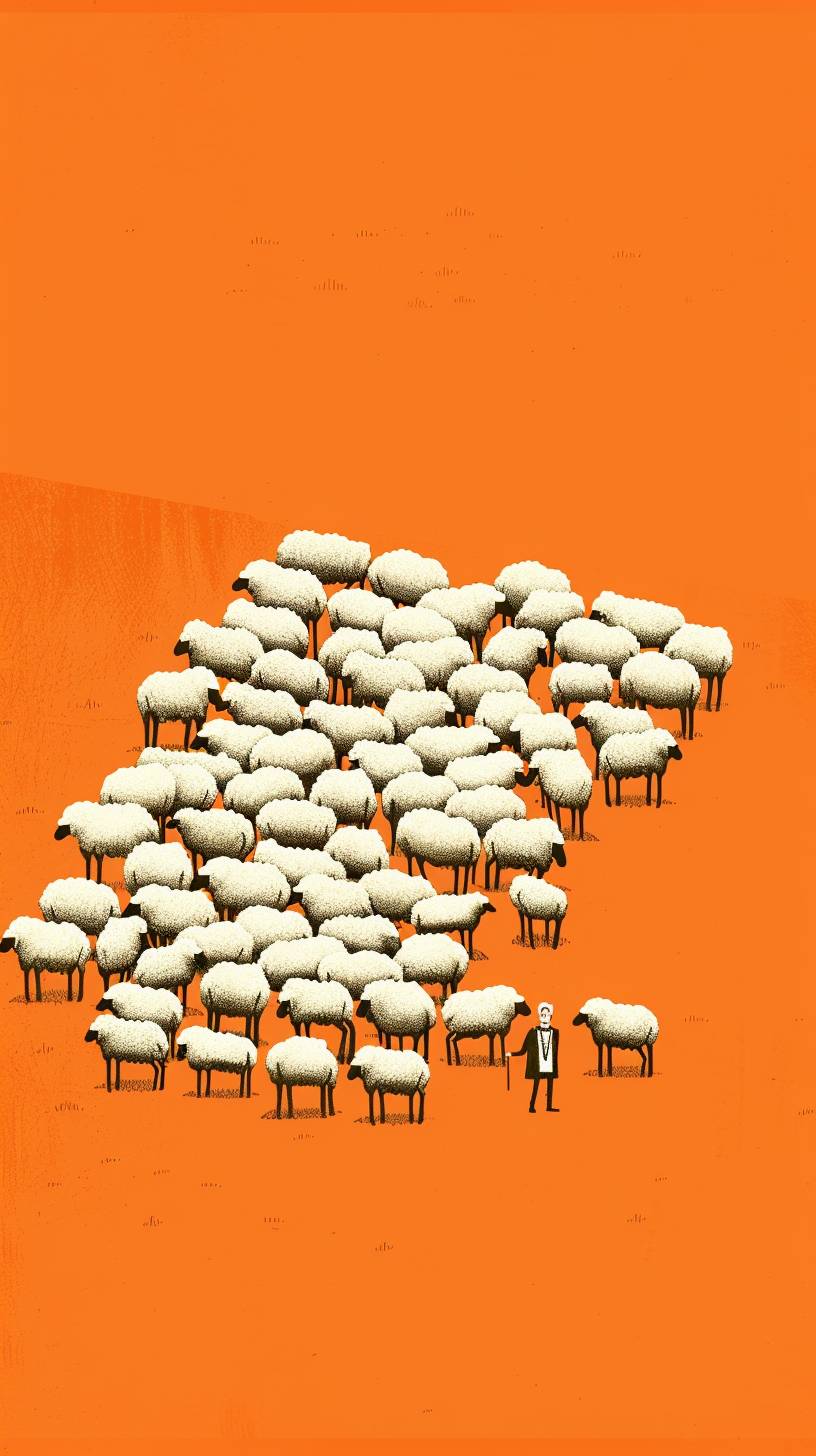 An image of ninety-nine sheep randomly forming a group, all of them being the same size. In the bottom half of the picture, there is a lone sheep and a shepherd separated far away from the group. It features a minimalist illustration style with an orange background. --ar 9:16 --style raw --stylize 50 --v 6.0