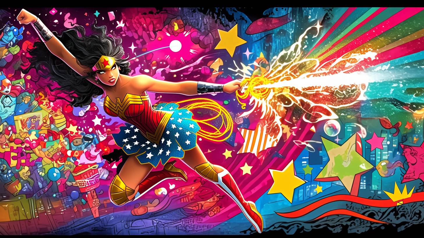 Wonder Woman, in the style of bold and graphic compositions, mosaic-like collages, pop culture mashup, multiple screens, light red and light bronze, Magali Villeneuve, macro zoom, outlandish energy, contemporary frescoes, chaotic academia, digital as manual