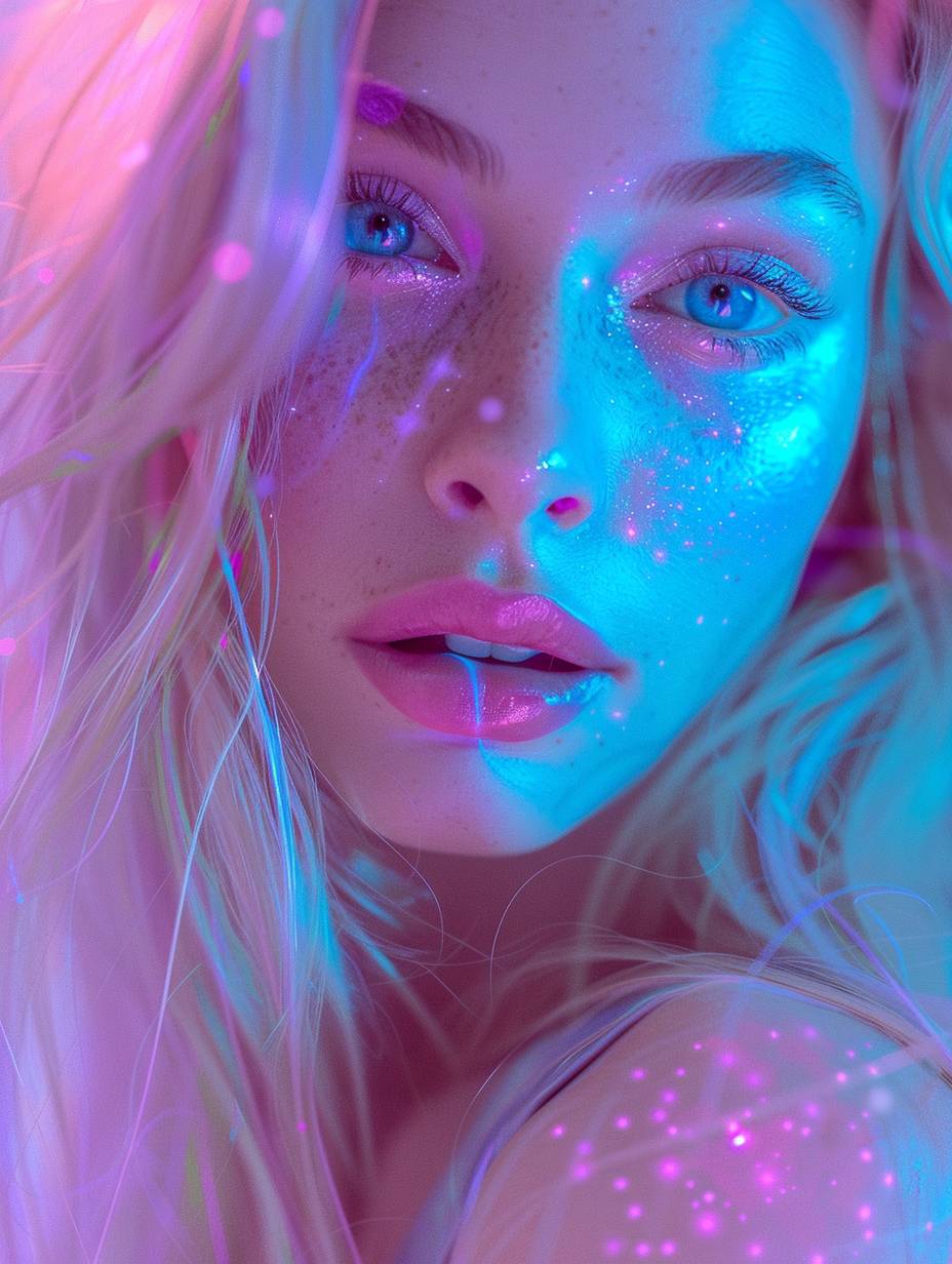 Portrait of a beautiful woman with long blonde hair, light makeup, and pink lips. She has neon blue eyes and is wearing a white top with purple glowing liquid. The scene has a soft pastel, dreamlike atmosphere and glows with neon pink.