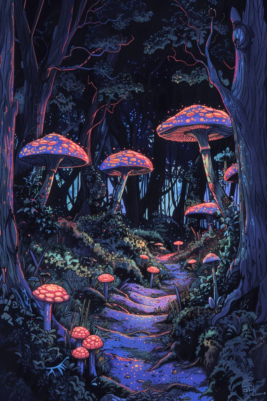 In the style of Apollonia Saintclair, Enchanted forest with glowing mushrooms