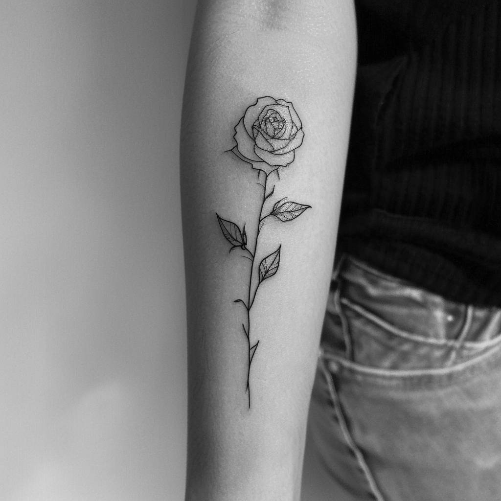 Minimalist rose tattoo design, lines, minimal, black and white, white background