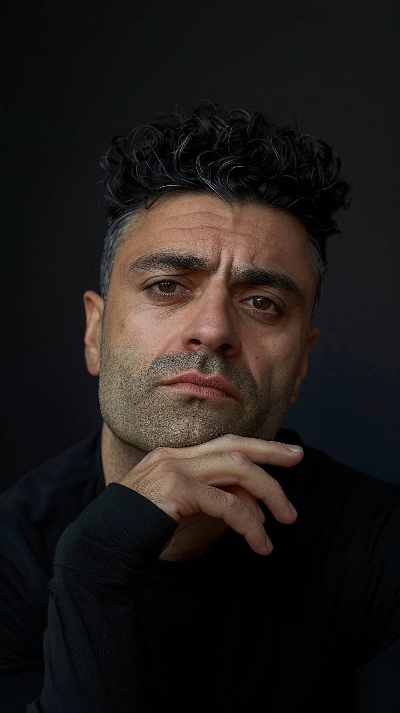 Portrait of Oscar Isaac against a black background, with his hand on his chin and head tilted to the side in the style of a studio portrait. Soft lighting and a portrait lens were used with a high resolution camera to capture the image.