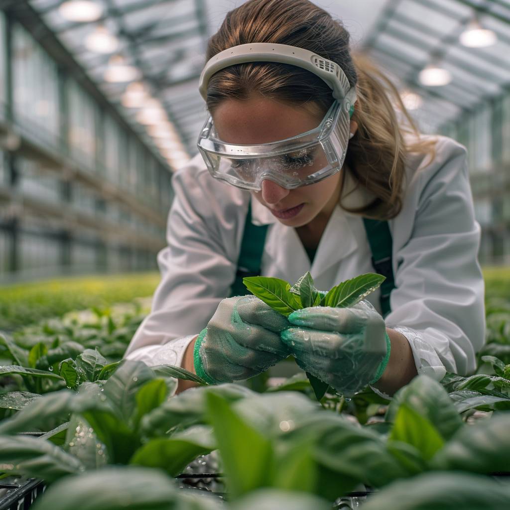 Female scientist examining a plant specimen. Protective goggles. Green leaves in her gloved hands. Modern greenhouse. Daytime. Rows of plants, high-tech monitoring equipment. Close-up shot, head and shoulders. Natural light, dewdrops on the leaves, detailed texture on the gloves. Ultra-high resolution.