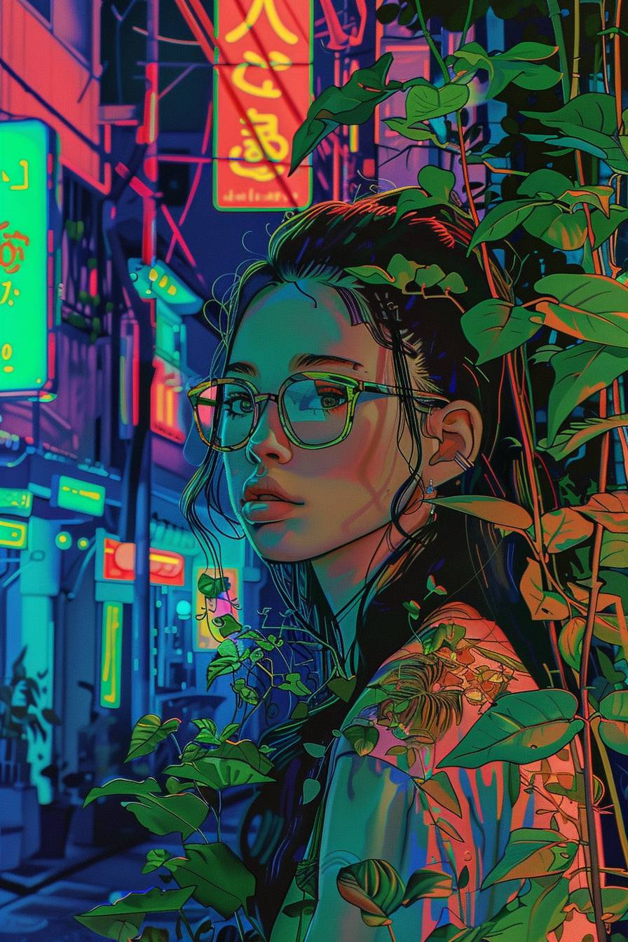 Neon signs, Akira style, detailed line art, fine details, full background, manga, cell shading, pastel colors, Nana Komatsu face, anime, woman, full figure, full body, neon colors, bright colors, vibrant colors, pastel colors, plants, plants everywhere, leaves everywhere, indoor plants.