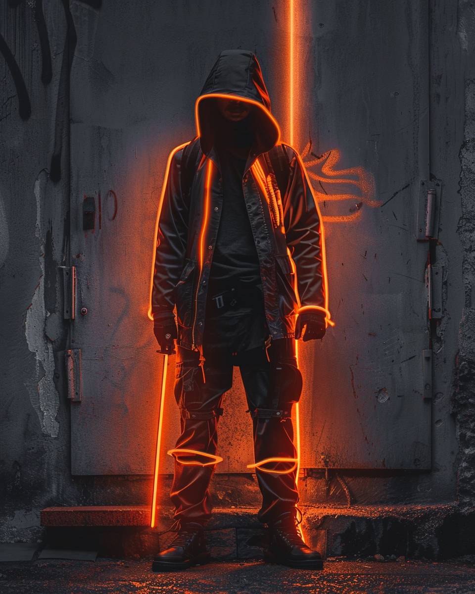 Ninja in the style of neonpunk, light orange and light black, mood lighting