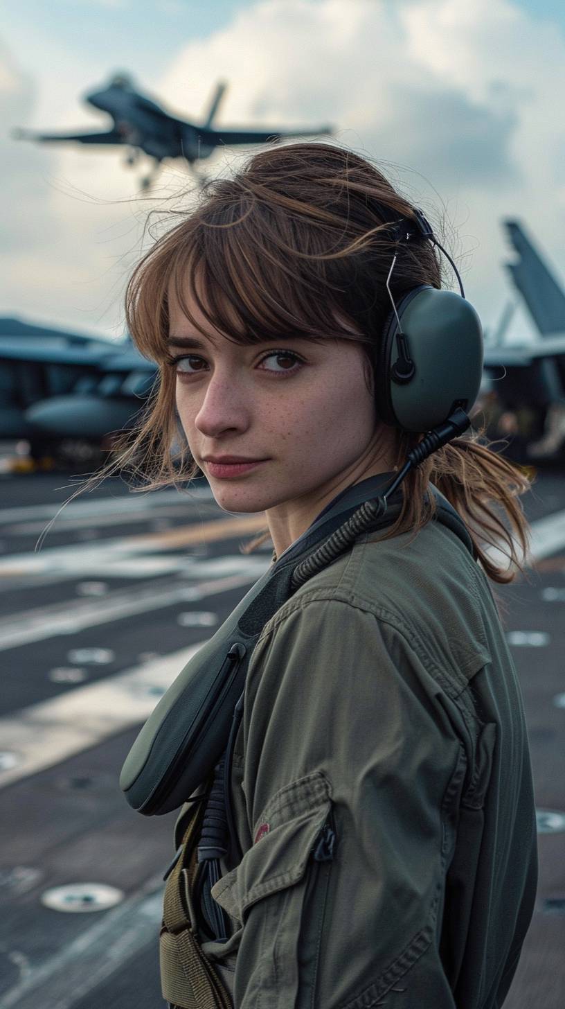 A stunning cinematic profile shot captures a 24-year-old female flight deck crew member with brown eyes and chestnut curtain bangs hair. She wears hearing protection headphones as she boards a Navy aircraft carrier. The background features aircraft flying off the deck, adding a sense of action and excitement. The scene is beautifully composed with masterful use of natural daylight, highlighting sharp details and dynamic elements. The volumetric light creates a stunning environment, emphasizing the crisp, large-format quality of the shot. The woman, looking at the camera with a confident expression, embodies strength and determination, set against the breathtaking backdrop of the carrier and sky. This shot, taken with a Canon EOS C70 and a Canon 300mm f/2.8 lens, captures the essence of her role in a visually striking and engaging way.
