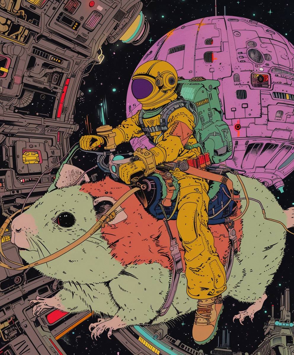 A man riding on the back of an oversized hamster inside a space station, in the style of Jean Giraud Moebius and in the style of mo willems, with a color palette of purple, yellow, blue, white, red, orange, green, pink, and black.