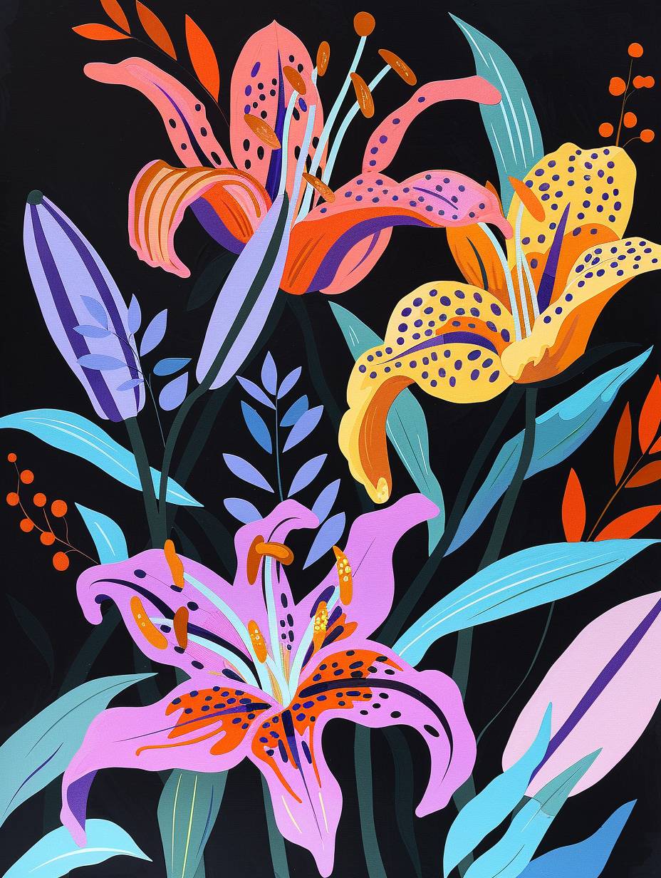 Matisse cutout lily flowers in the style of Garry McCoy, folk art-inspired line art illustrations, folk illustration, handdrawn elements, flat color blocks, gouache and ink painting, colorful woodblock print, black background, orange pink purple blue green yellow