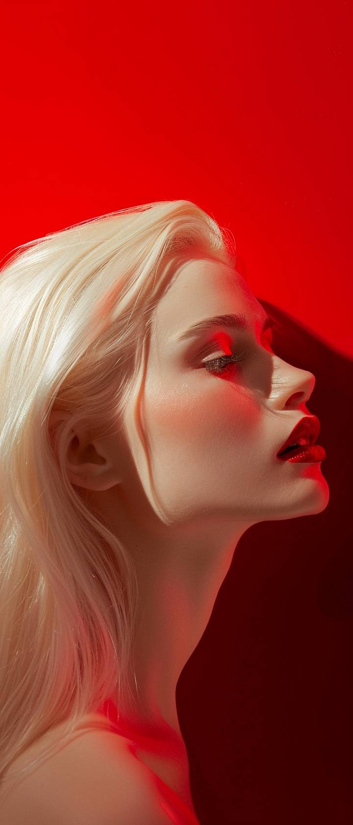 A side profile shot of a model with platinum blonde hair, illuminated by soft, white lighting against a vibrant red background. The makeup is minimal, emphasizing the model’s pale complexion and red lips. The overall effect is striking and minimalist, with a focus on the contrast between the red background and the model’s pale skin.