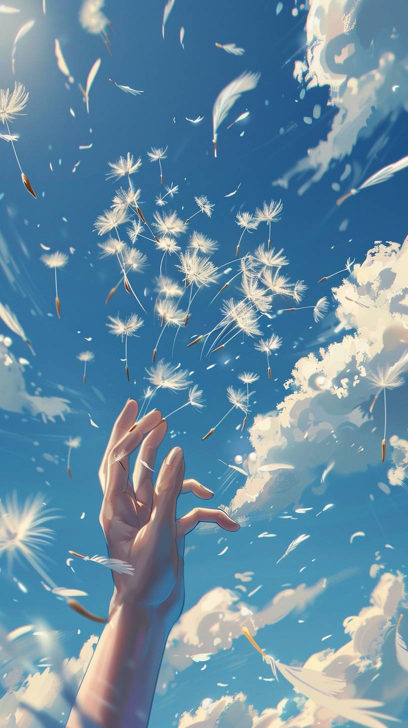 青空に舞うたんぽぽの種子を持つ手のアニメ風イラスト。