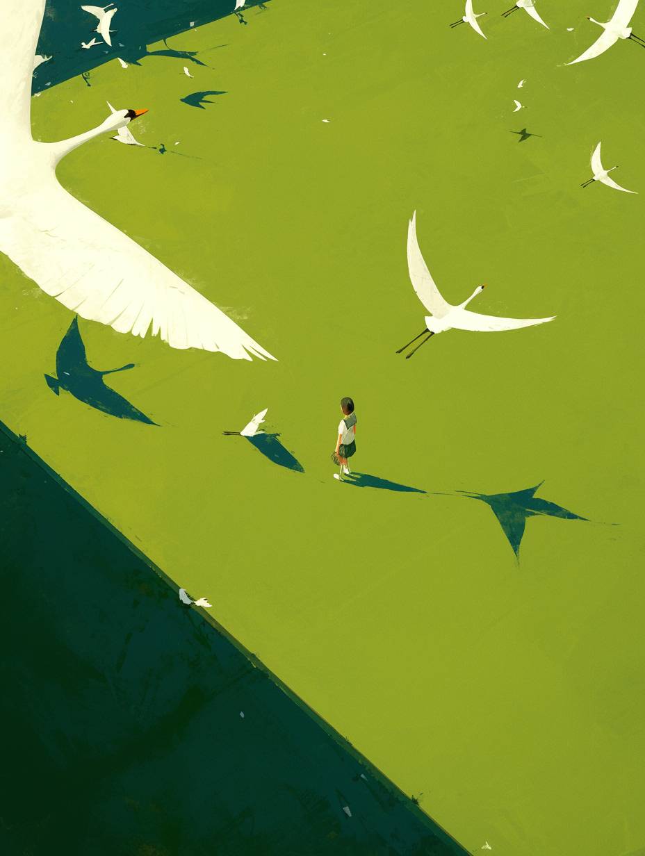 A bird's-eye view of some white swans flying over a green field occupies a small part of the picture