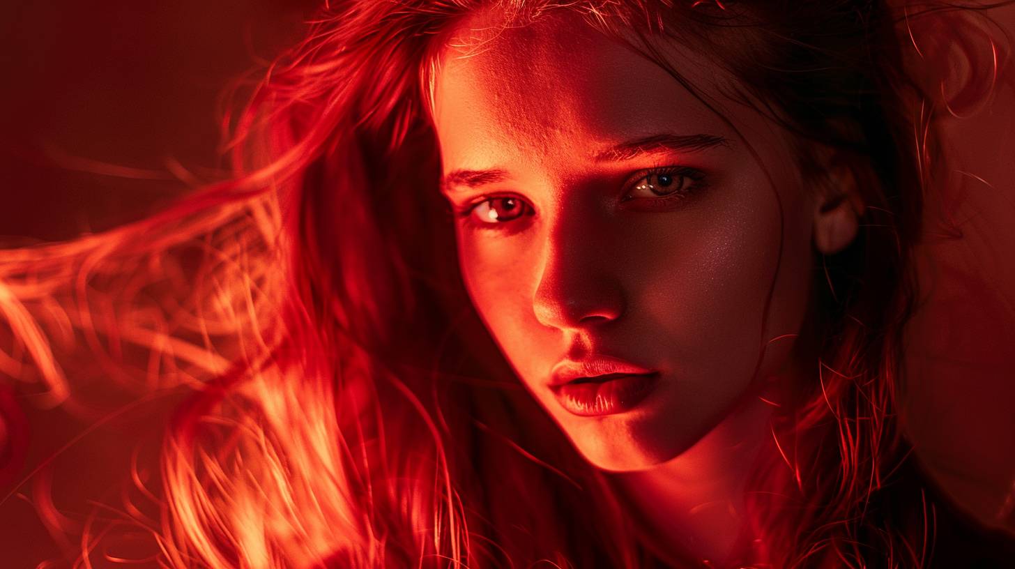 Ethereal glow of red hues that seem to melt into a young stunning woman