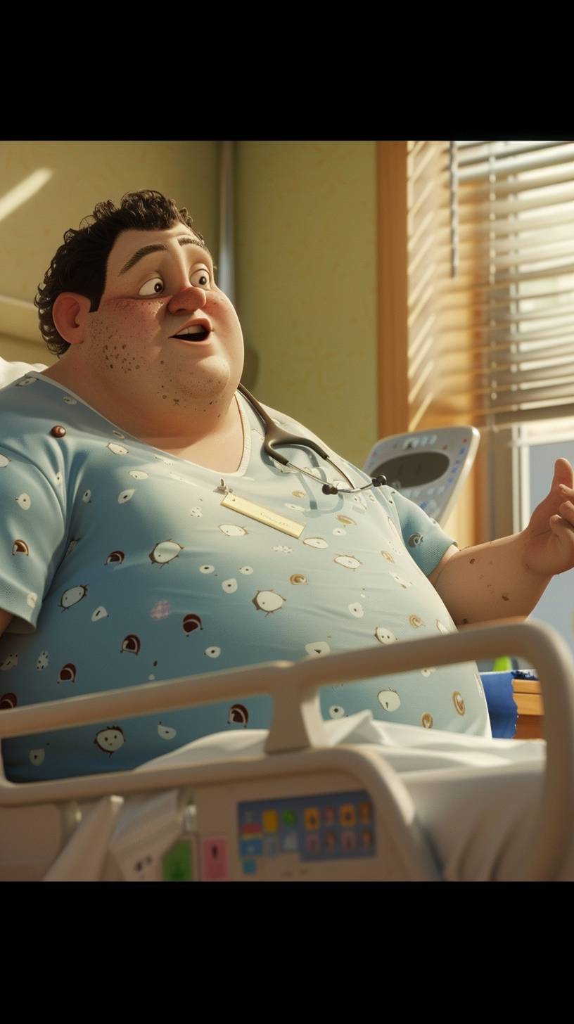 病院のベッドで話す肥満した男性が指差す、ピクサーのアニメーションスタイル（AR 9:16、バージョン6.0）