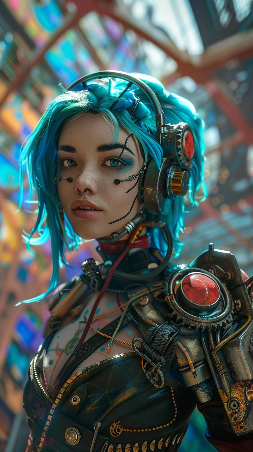 Medium shot of a young woman with bright blue hair, dressed in a steampunk outfit adorned with metallic gears, standing in a brightly lit room filled with colorful abstract art
