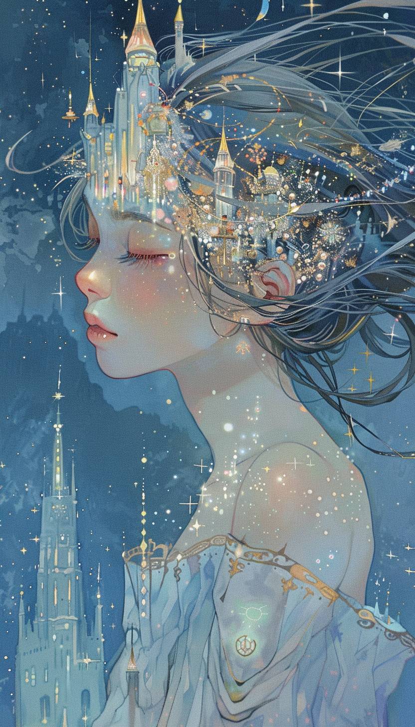 In style of Miho Hirano, Celestial city bathed in starlight