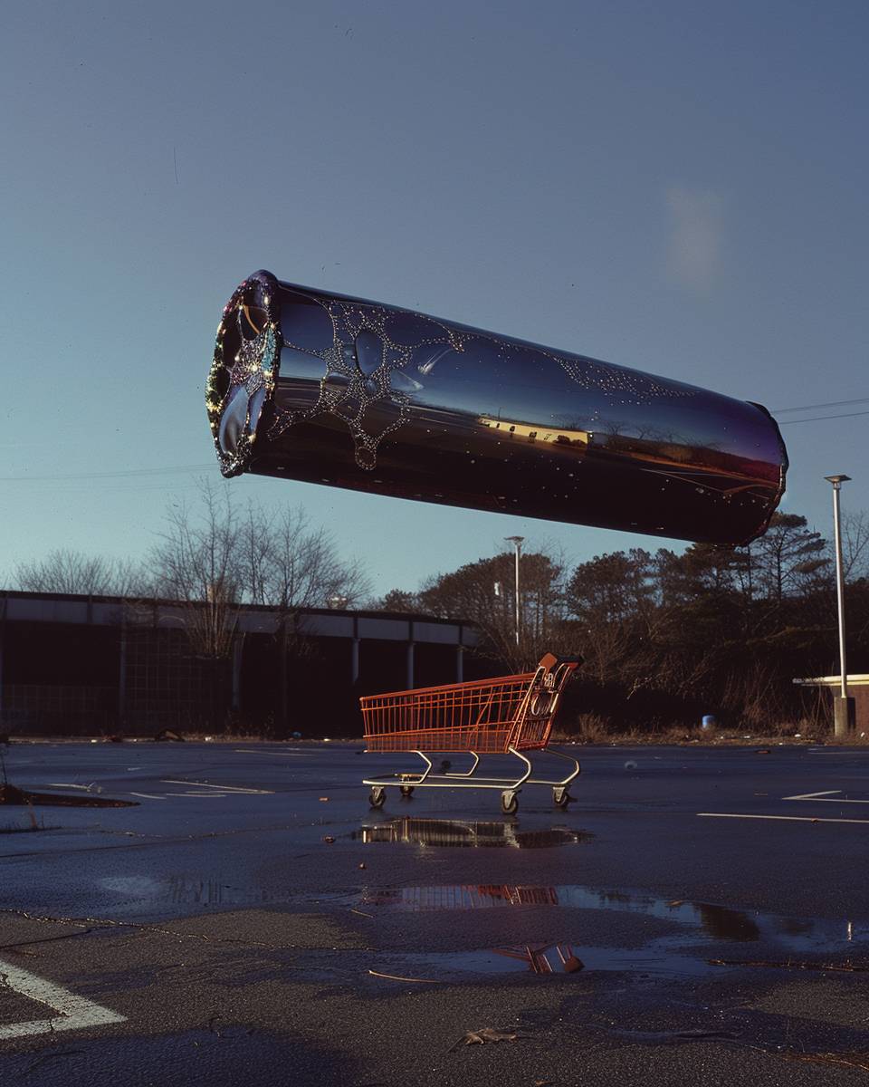 A large iridescent and heterogeneous soap bubble floating through a parking lot above an abandoned red shopping cart, sparkling and glistening in the sun. The bubble is reflecting the world around it as it glistens.