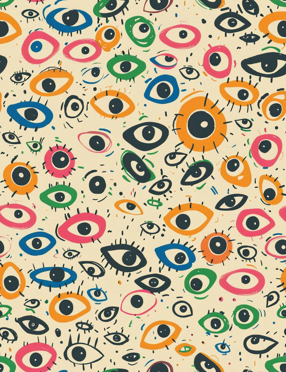 A doodle sketch of a cartoonish little eyes pattern on a texturized wallpaper background simulating junk journal ephemera paper. Feature a playful color scheme of beige, bubblegum pink, lime green, electric blue, and bright orange. The style is characterized by spontaneous, whimsical, thin black outline, with a highlight-focused lighting. Circus fun inspired.