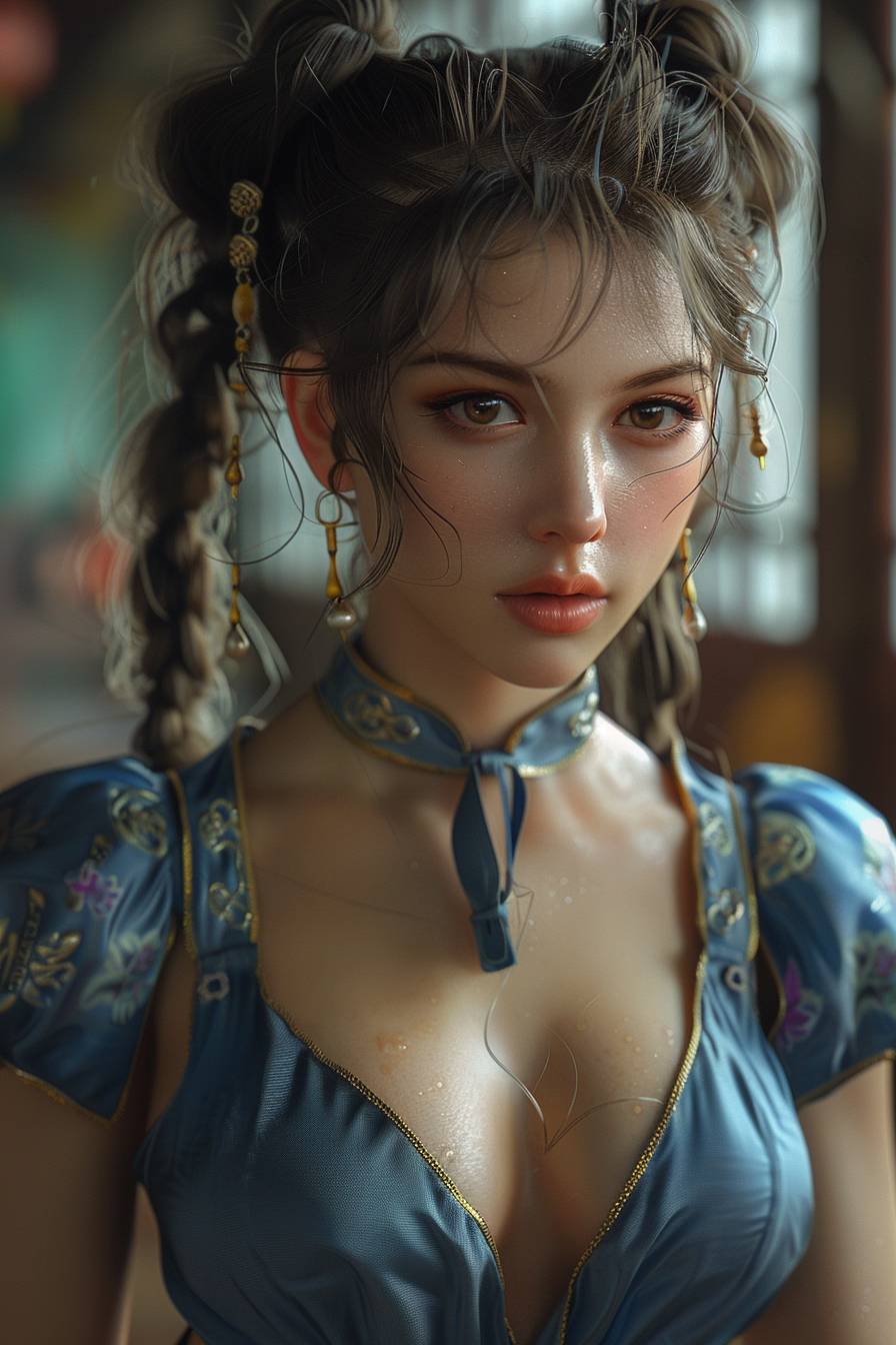 Street Fighter Chun Li, aesthetic style, hyperrealistic, hyperrealism, surrealism, gloss and shading, renderings, 32k, ultra high definition, aspect ratio 2:3, frame rate 6.0, size 250