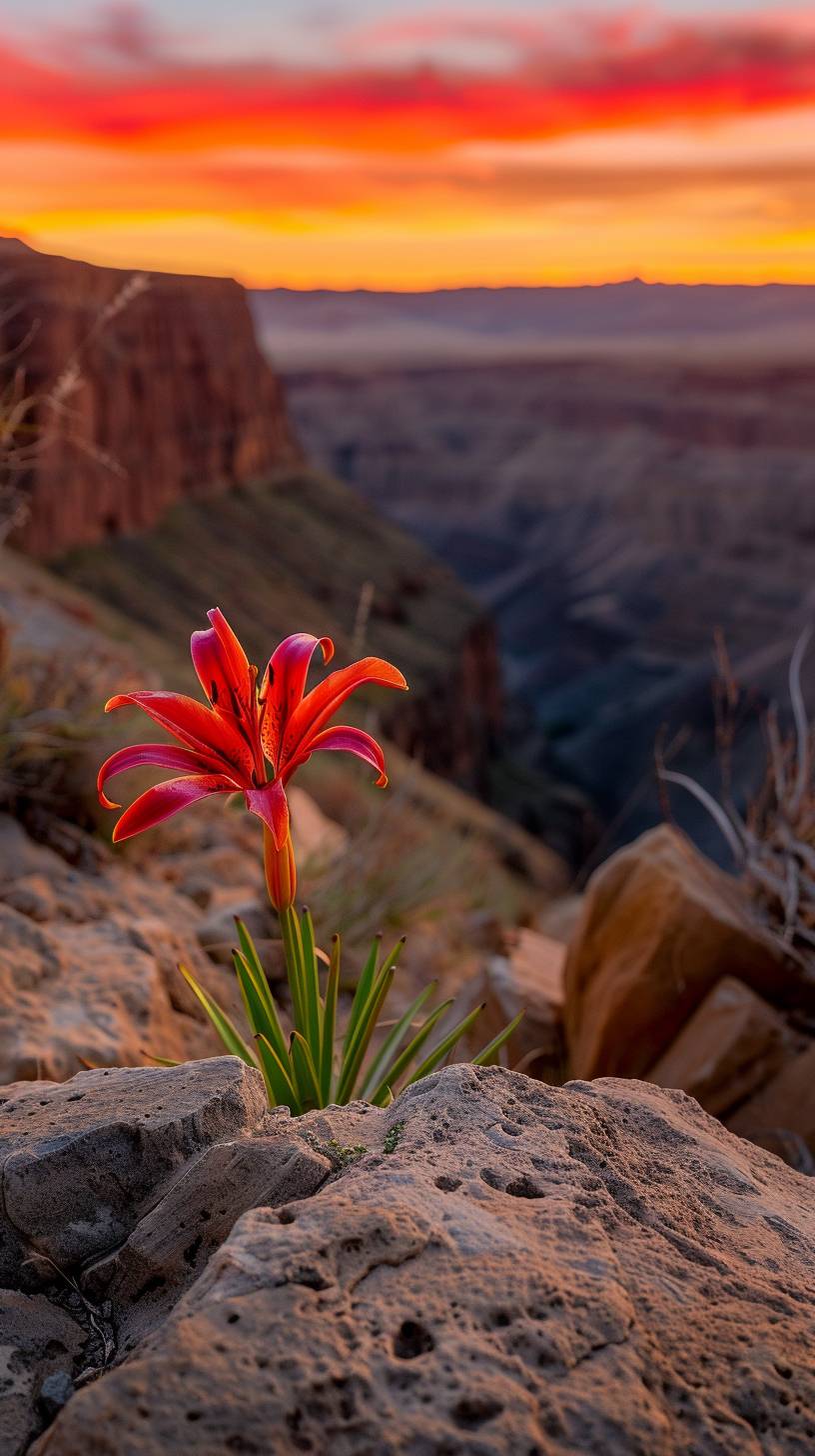 On the rocky edge of a canyon at sunset, a single red lily blooms, its vibrant petals catching the warm red hues of the setting sun. The entire scene is bathed in a monochromatic red light, creating a dramatic and striking landscape. Using a Nikon D850, the blurred background of the canyon and sunset sky emphasizes the bold beauty of the red lily.