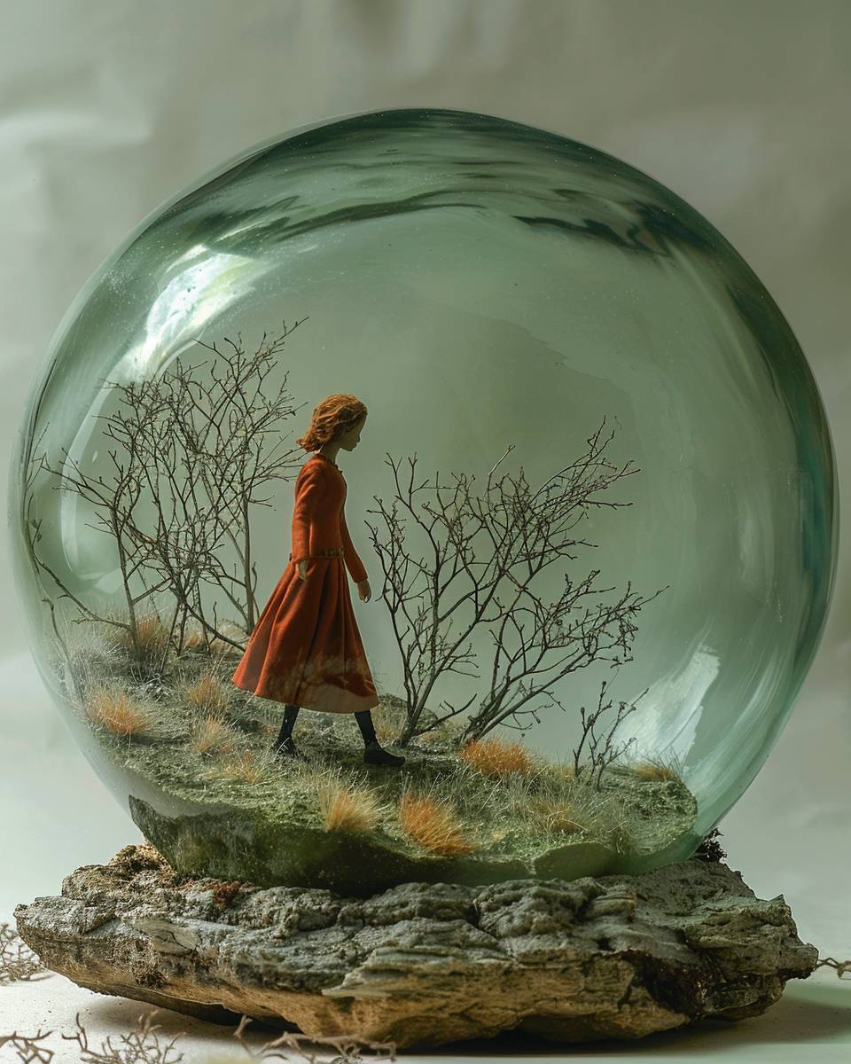 miniature woman walking in a huge bell jar, realistic, conceptual