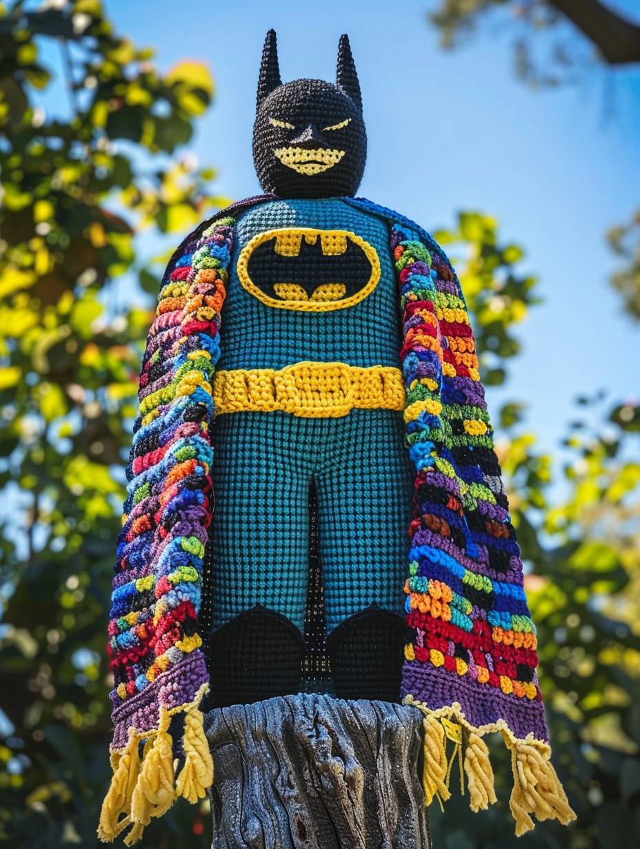 ビニール爆弾、ゲリラニットワーク、毛糸編みによる多彩な糸で作られたバットマン--ar 3:4--v 6.0