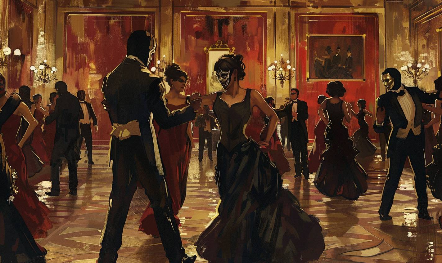 In the style of E.H. Shepard, an elegant ballroom filled with masked dancers