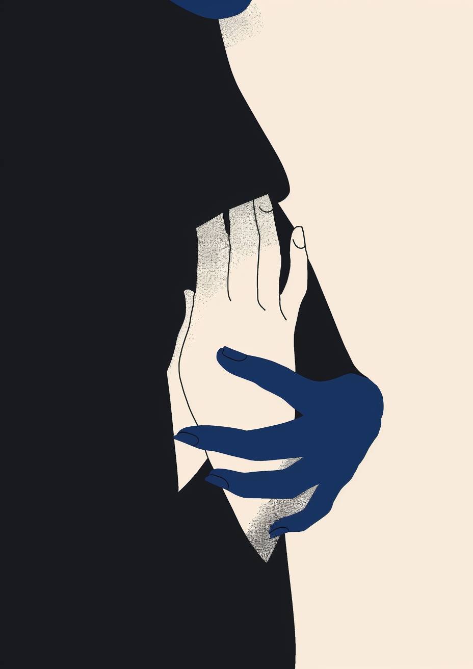 Minimalist illustration of a woman's hand holding a man in a blue and black color palette, done in the style of a minimalist artist.